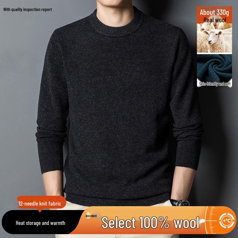 Men's 100% Pure Wool 330g Sweater - 2025 Autumn/Winter Round Neck Solid Color Casual Knit