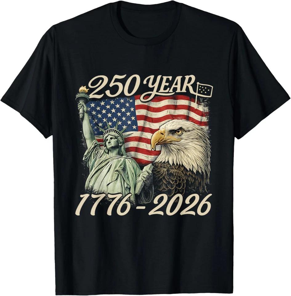 250 Years 1776 2026 250th Birthday 4th of July American Flag T-Shirt L