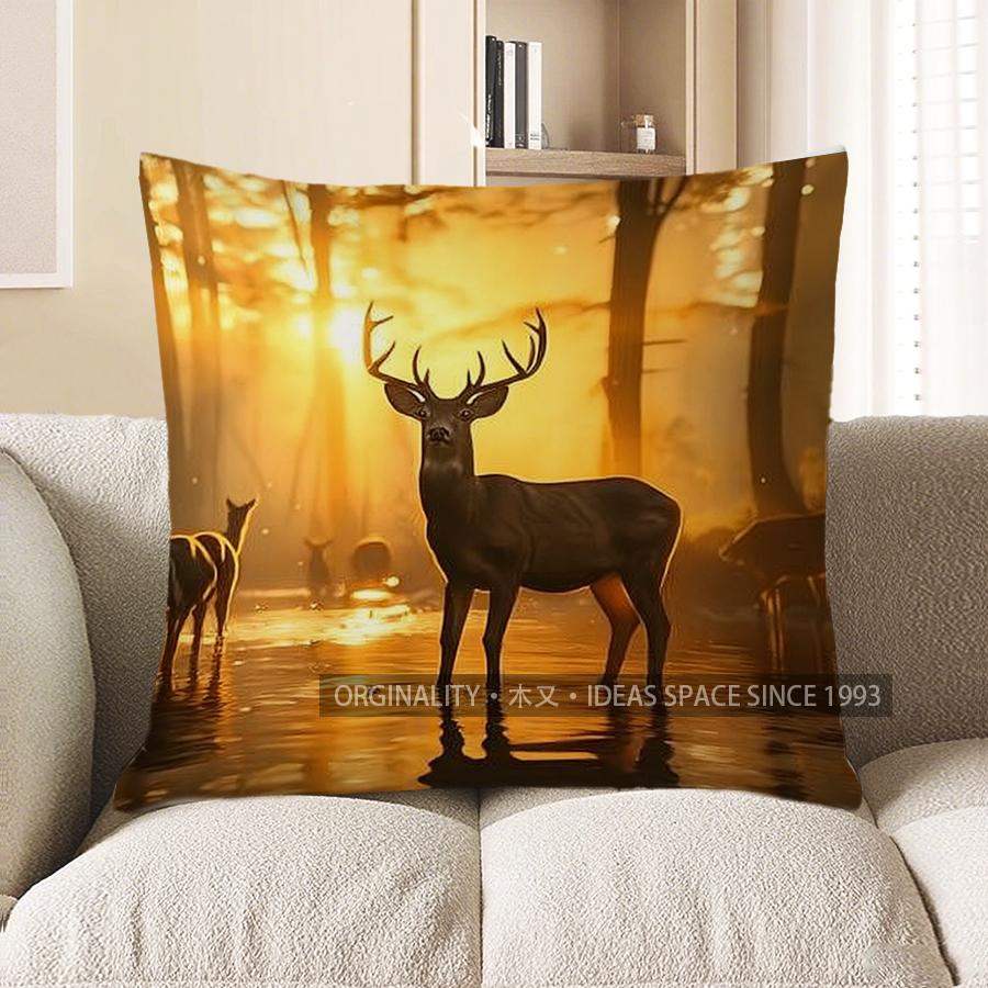 Home Decor Deer In Golden Glow: Nature-Printed Pillow Cover Pattern Cushion Cover Suitable For Sofa Bedroom Car Pillow Cover