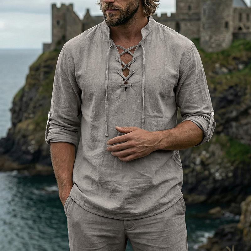Men s Stand Collar Lace-Up Long Sleeve Shirt S