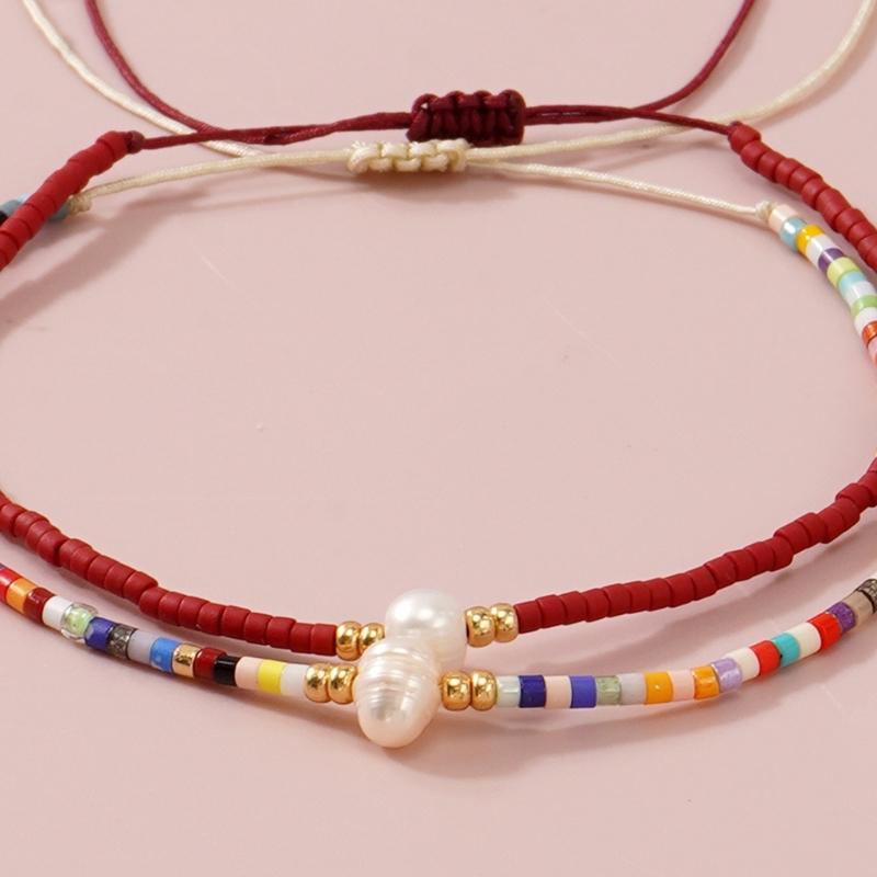 2 Piece Handcrafted Bohemian Pearls Bracelets Adjustable Cord Braided Design Beaded Bangle for Everyday Wear