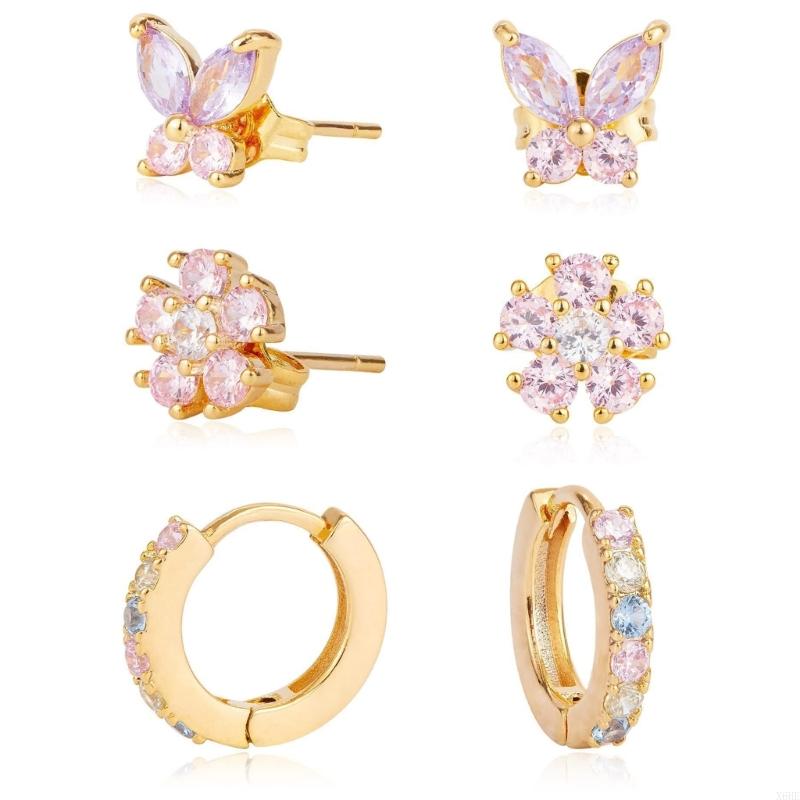 6PCS Stainless Steel Zircon Flower Pendant Hoop Earrings Set for Women Simple Butterfly Cartilage Earring Piercing Jewelry
