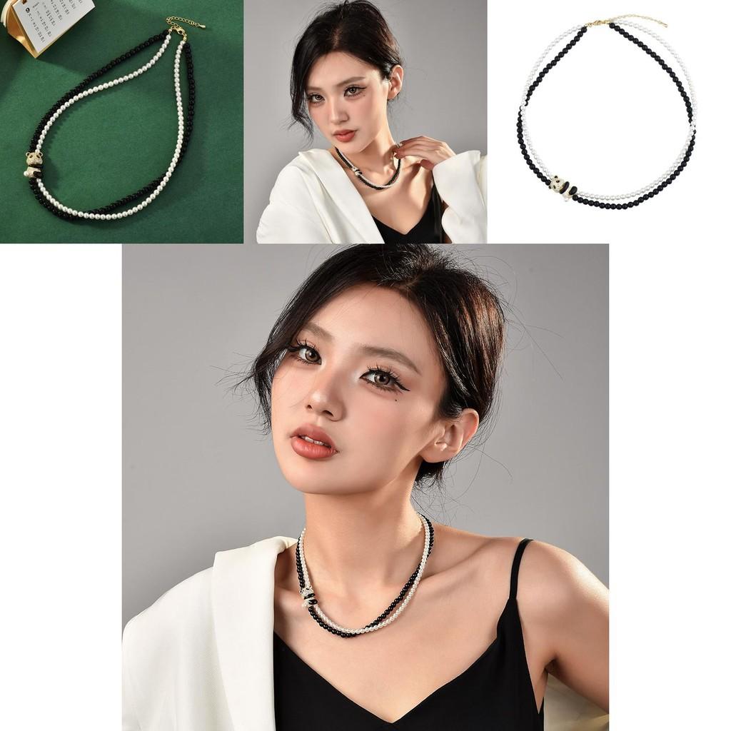 Chic Retro Style Pearl And Crystal Choker Necklace With Charming Panda For Unisex Wear