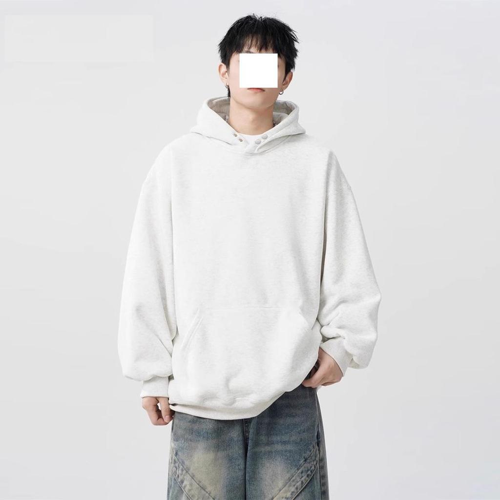 Men's Heavyweight 300G Button-Up Hoodie – Trendy Autumn/Winter Loose Fit, Solid Color, Versatile American Style Sweatshirt Jacket