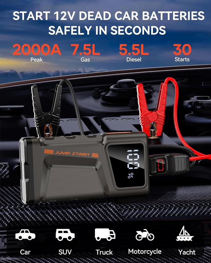2000A Portable Car Jump Starter 12V with LCD Display, USB QC3.0, LED Light, Jumper Cables