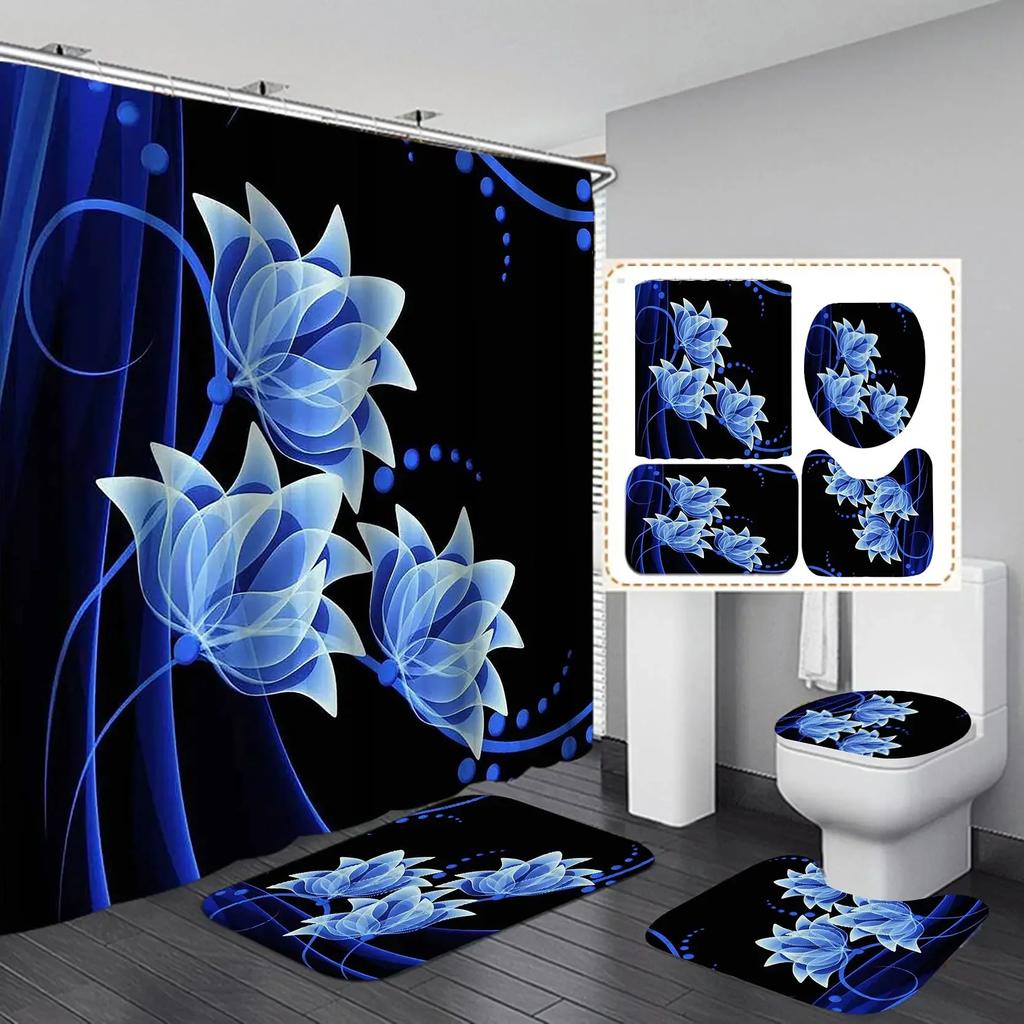 Elegant Blue Flower Shower Curtain Set Waterproof Bathtub Curtains Non-Slip Rugs Bath Mat Toilet Lid Cover Bathroom Set Decor