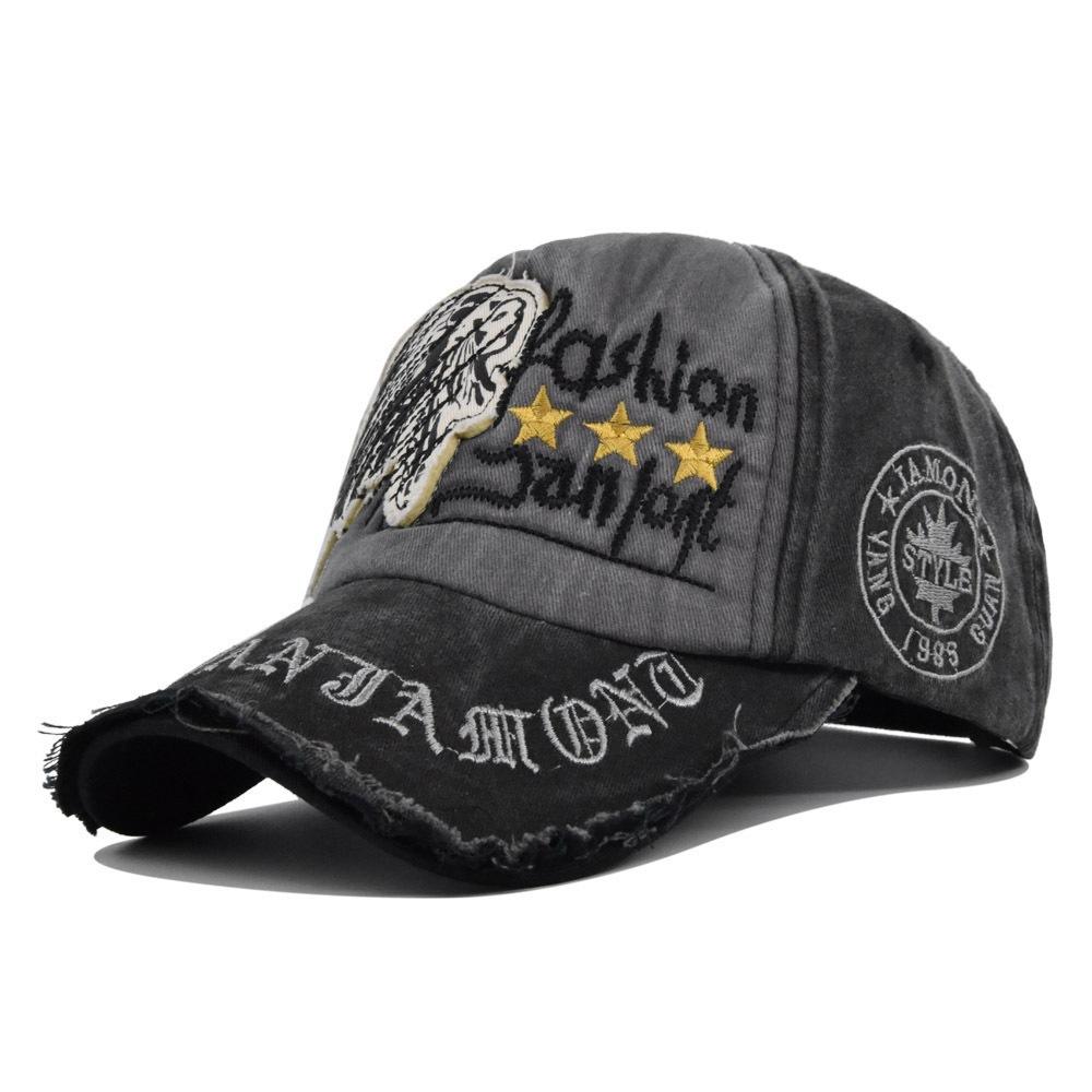 Vintage skull embroidered baseball cap with appliqué, washed and distressed visor cap, curved brim hat adjustable