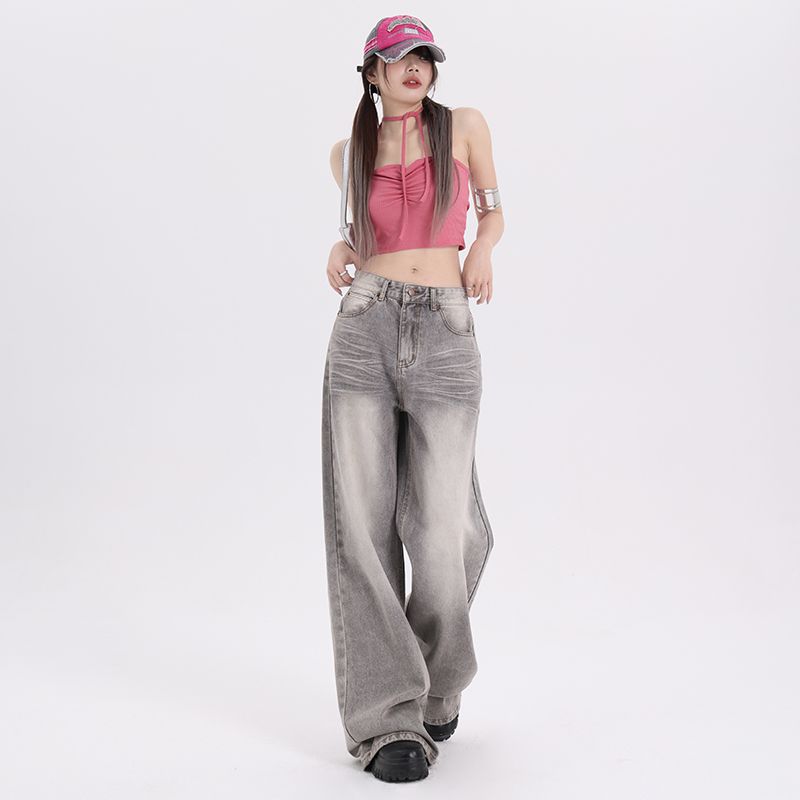 

American Retro Washed Corrugated Low Waist Wide Leg Denim Women s Summer Loose Slimming and All-Matching Draped Pants Light gray small recommend height 145-155cm M