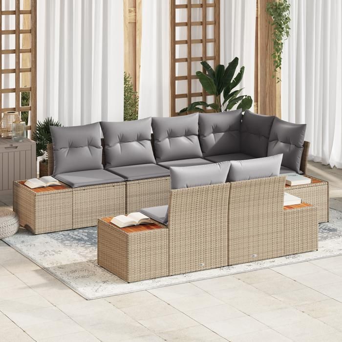 Set de canapé de jardin 7 pièces avec coussins Beige Rattan Poly Acacia 3356775