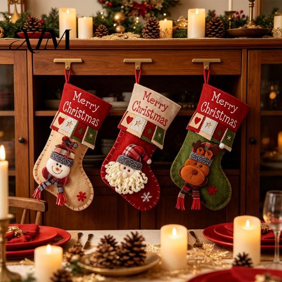 Festive Holiday Gift Holders 18 Inch Large Christmas Stockings, 3D Santa/Snowman/Reindeer Xmas Hanging Socks, Non-woven Decorative Stocking