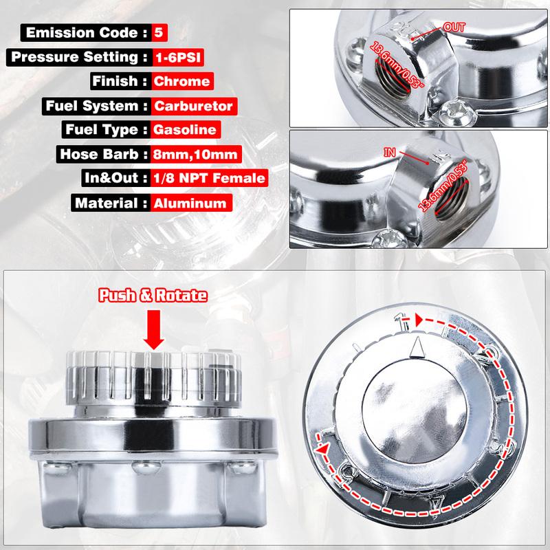 PQY - Universal 1.5 - 5 Psi Manual Adjustable Carburettor Carb Fuel Pump 5/16"(8mm) 3/8"(10mm) Fuel Line Pressure Regulator