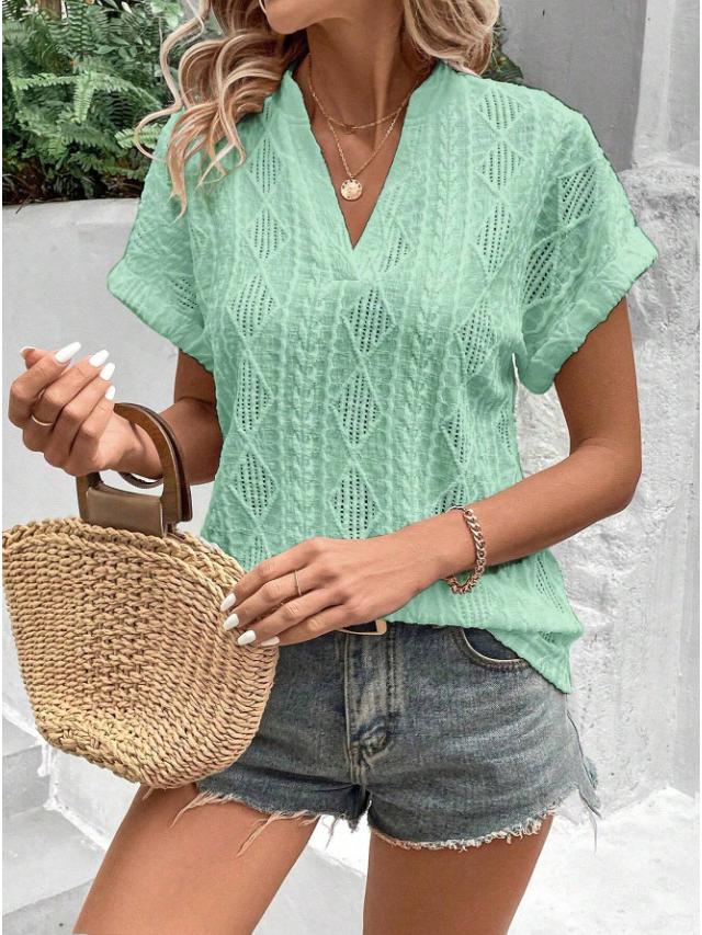 2026 Summer Women s V-Neck Jacquard Loose Short-Sleeve Shirt S