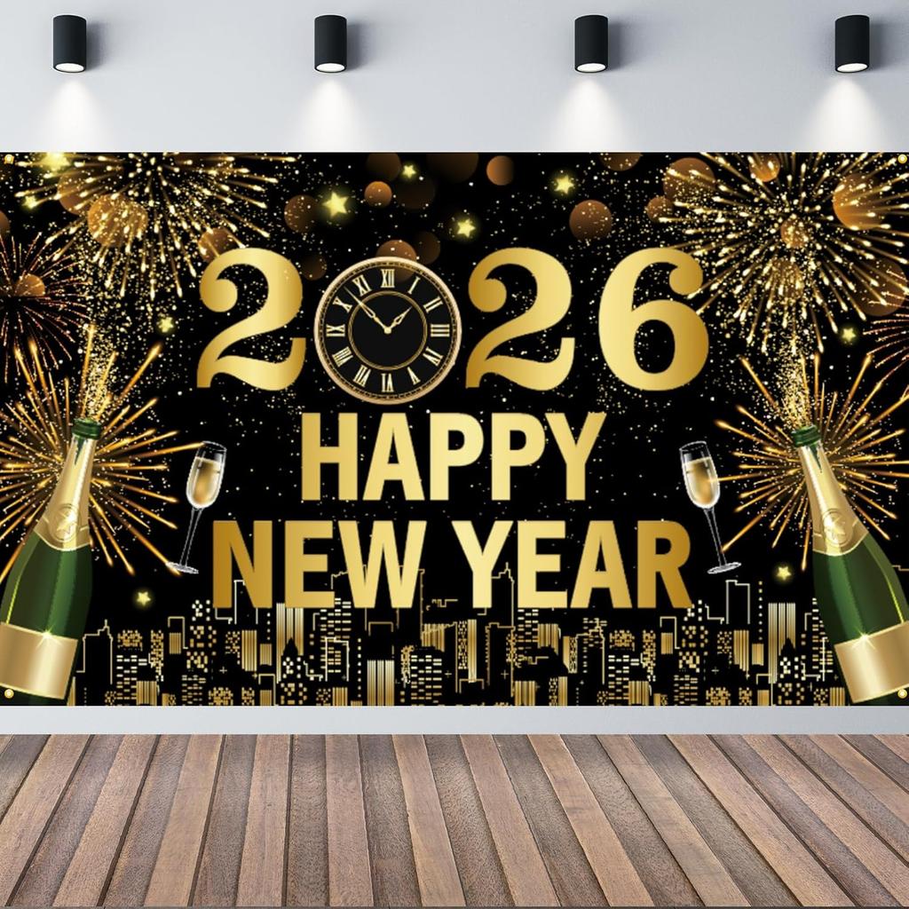 Black and Gold New Years Eve Party 2026 Banner, Large Happy New Year 2026 Banner, NYE Celebration Party Decoration for Friends, Family, Fireplaces,