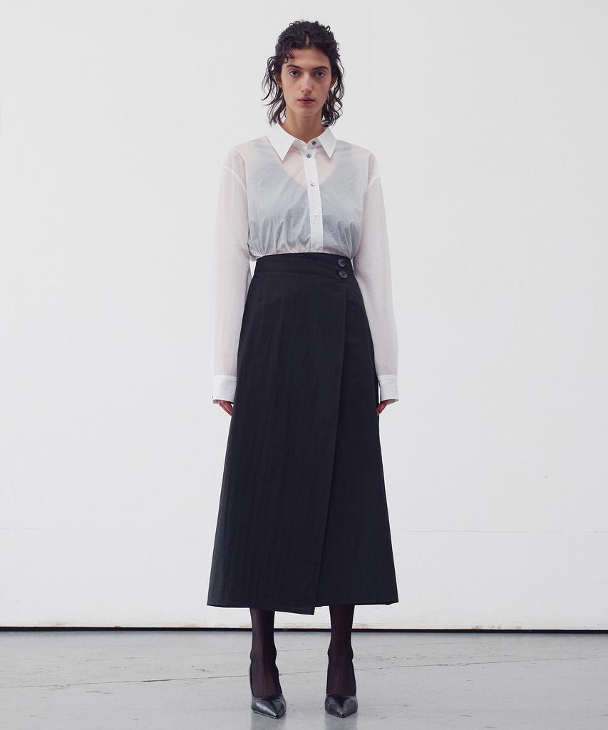 Rie Asymmetrical Wrap Midi Skirt Black