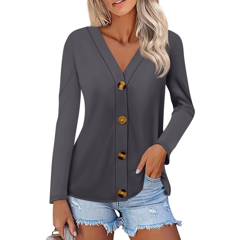 Women's Fashion Casual Solid Color Button-down Shirt Long Sleeve Tops