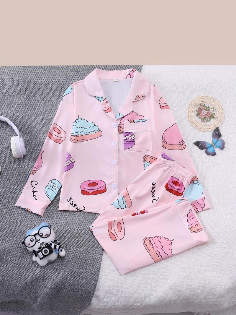 European & American Girls Long Sleeve Cartoon Cake Print Pajamas 110 cm