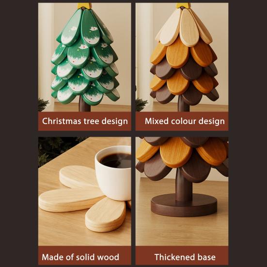 Christmas Tree Trivet Mats Set Heat-Resistant Wood Tripod Pot Holder Stain Resistant Table Protectors for Kitchen Dining