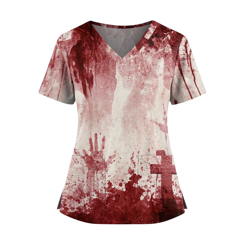 Halloween Print V Neck Short Sleeve Nurse Scrub Top with Double Pockets and Side Slit Hem for Healthcare Workers and Caregivers