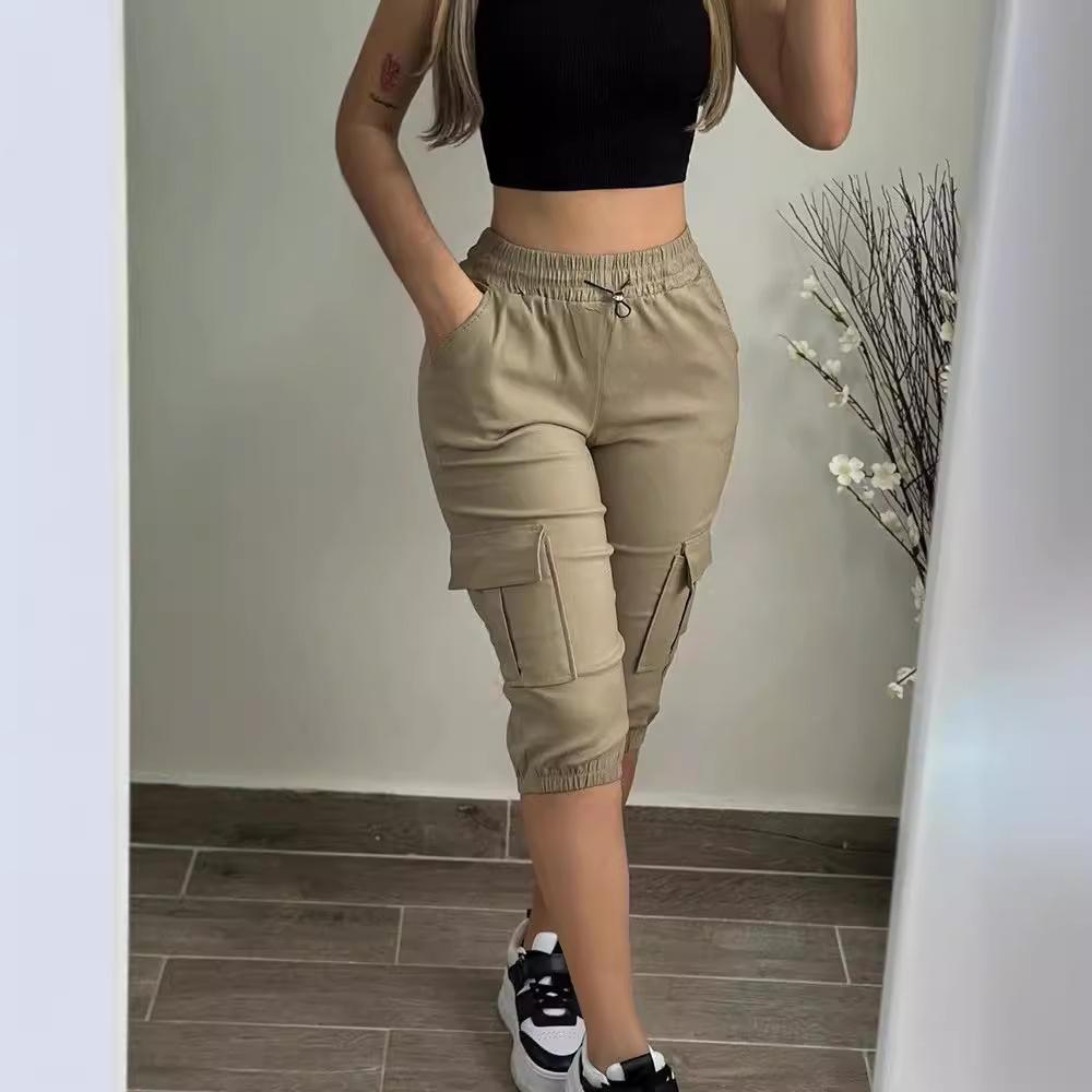 Summer Women's Slim-Fit Capri Trousers Solid Color Casual Multiple Pocket Lace-Up High Waist Tight Leggings Capri Pants