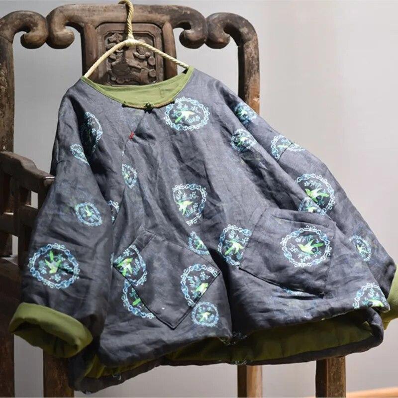 Johnature Dámské lněné zimní parky v čínském stylu s květinovým potiskem, s kulatým výstřihem a dlouhým rukávem, vintage teplé dámské parky