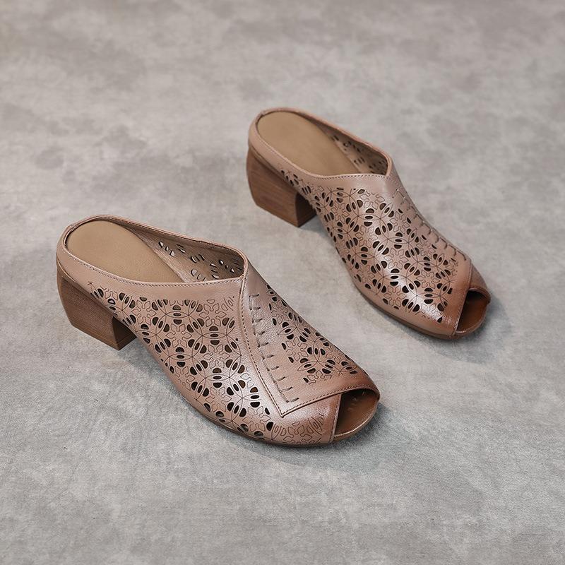 Summer new leather slippers women's thick high heels wear retro sandals comfortable fish mouth mother sandals