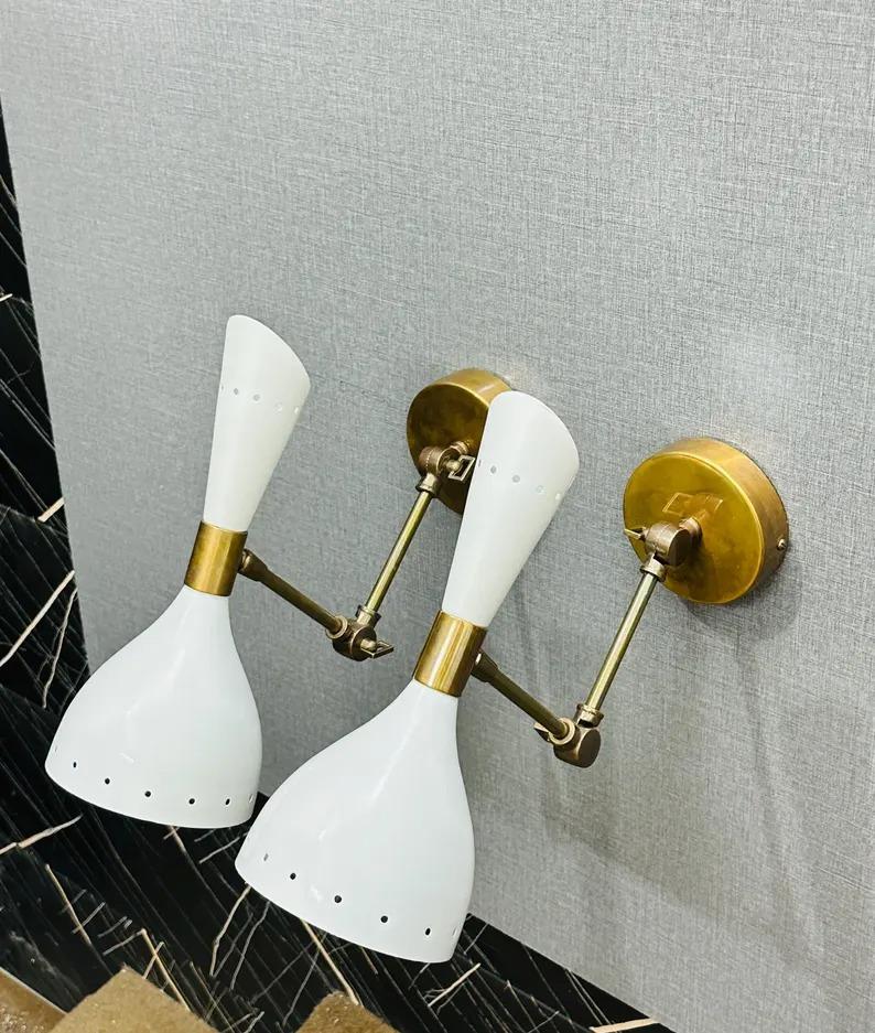 Mid Century Italian Stilnovo Wall Sconce Pair: Brass Adjustable Bedside Lamps