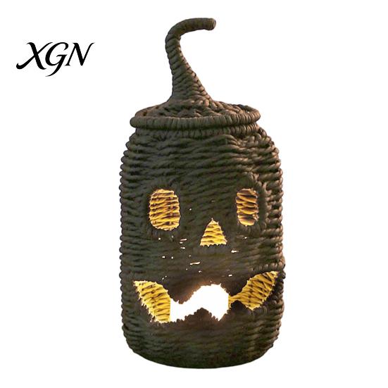 Handmade Fall Decor Handwoven Halloween Pumpkin Basket, Spooky Candy Storage Basket with Lid, Vintage Wicker LED Lantern for Light Up Candle