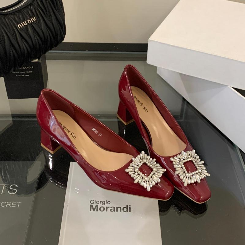French Thick Heel High-end Rhinestone Shallow Mouth Single Shoes Women's Shoes 2025 New Square Head Temperament Celebrity High Heels Women