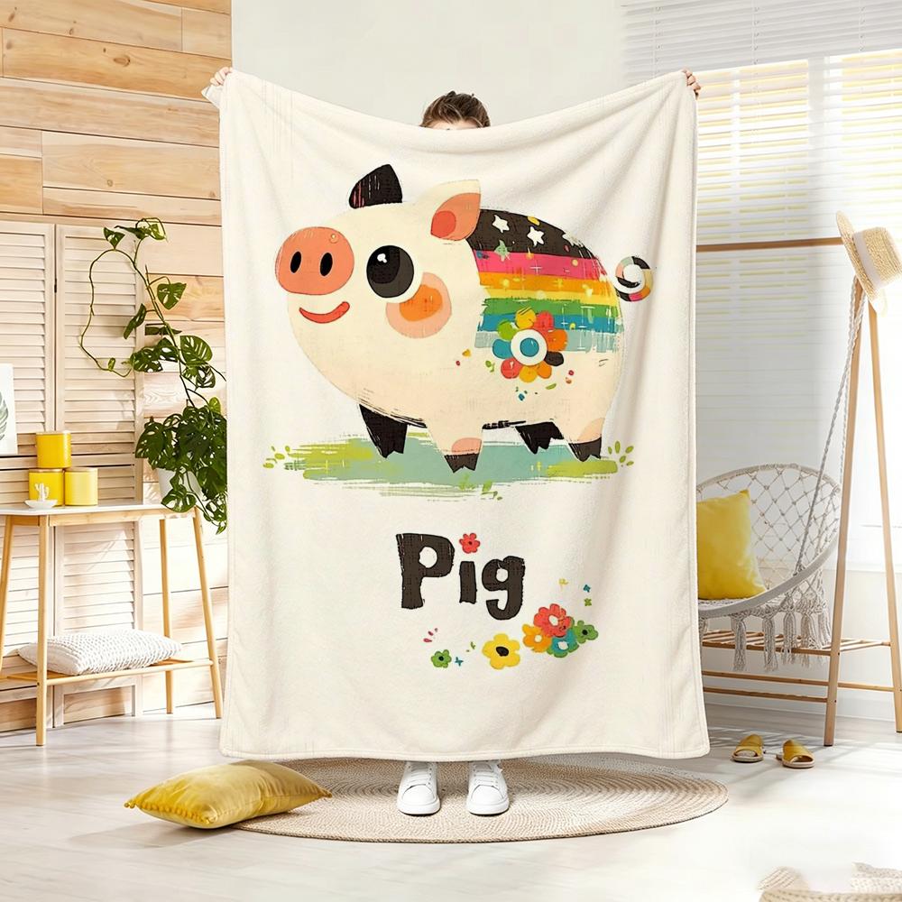 Illustration Cartoon Pig Throw Lightweight 240G Flannel Blanket Soft Skin-Friendly For Summer Cooling