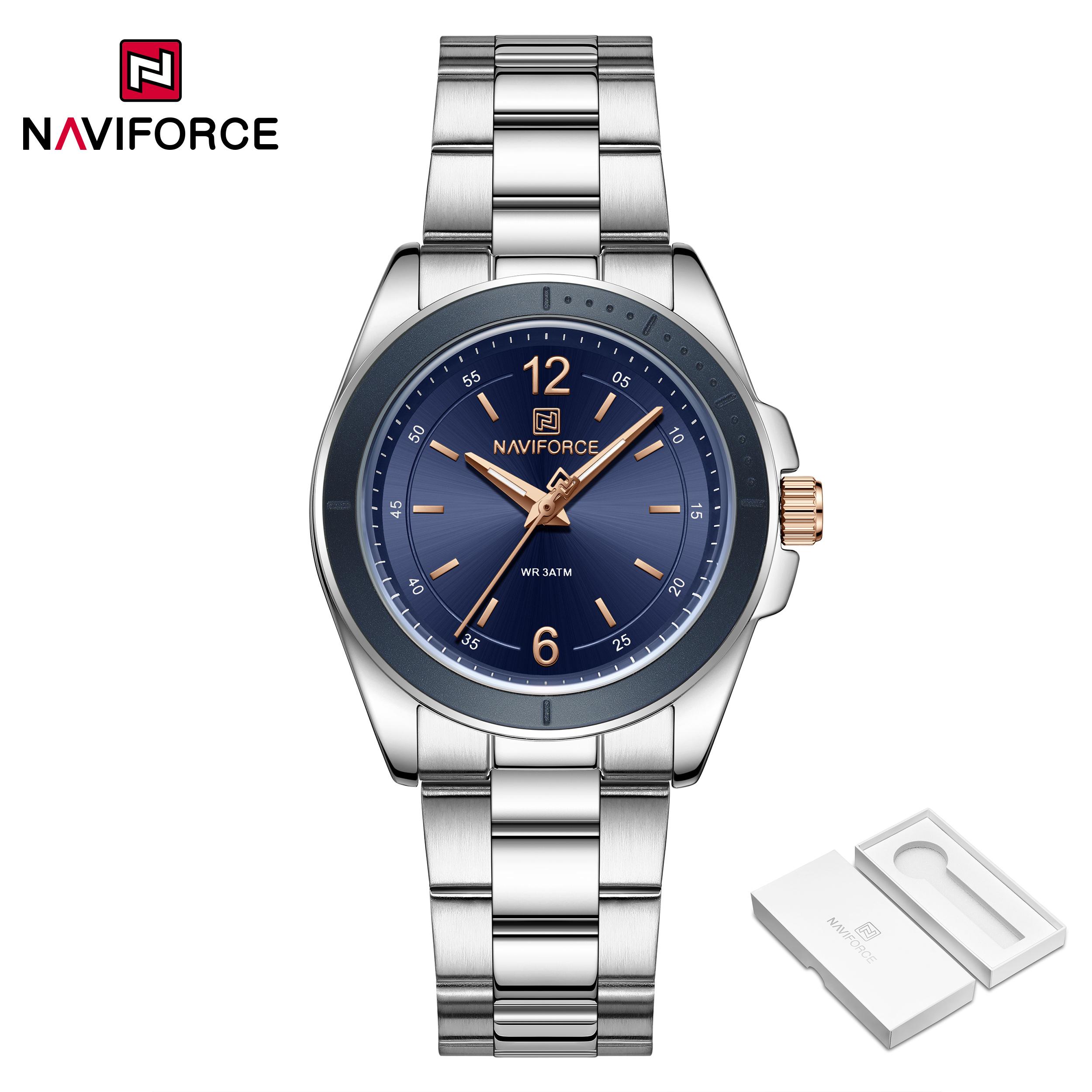 

NAVIFORCE Женские Модные Простые Часы Кварцевый Механизм Ремешок из Нержавеющей Стали Водонепроницаемые Люминесцентные Стрелки Женские Повседневные Часы NF5062 серебряный/синий