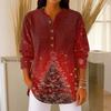 Women's Fashionable Button Collar Long-sleeved Christmas Print Pullover Top