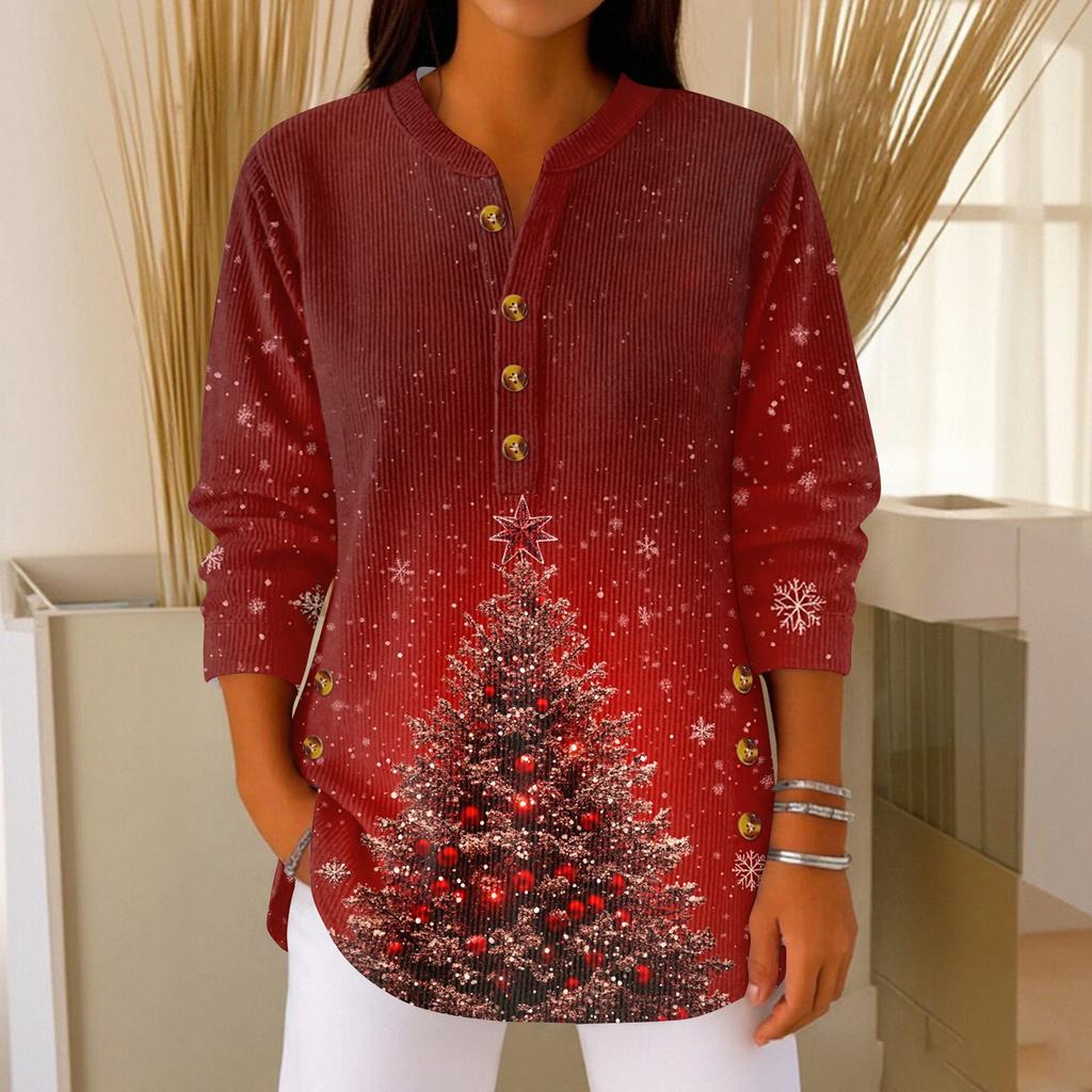 Women's Fashionable Button Collar Long-sleeved Christmas Print Pullover Top