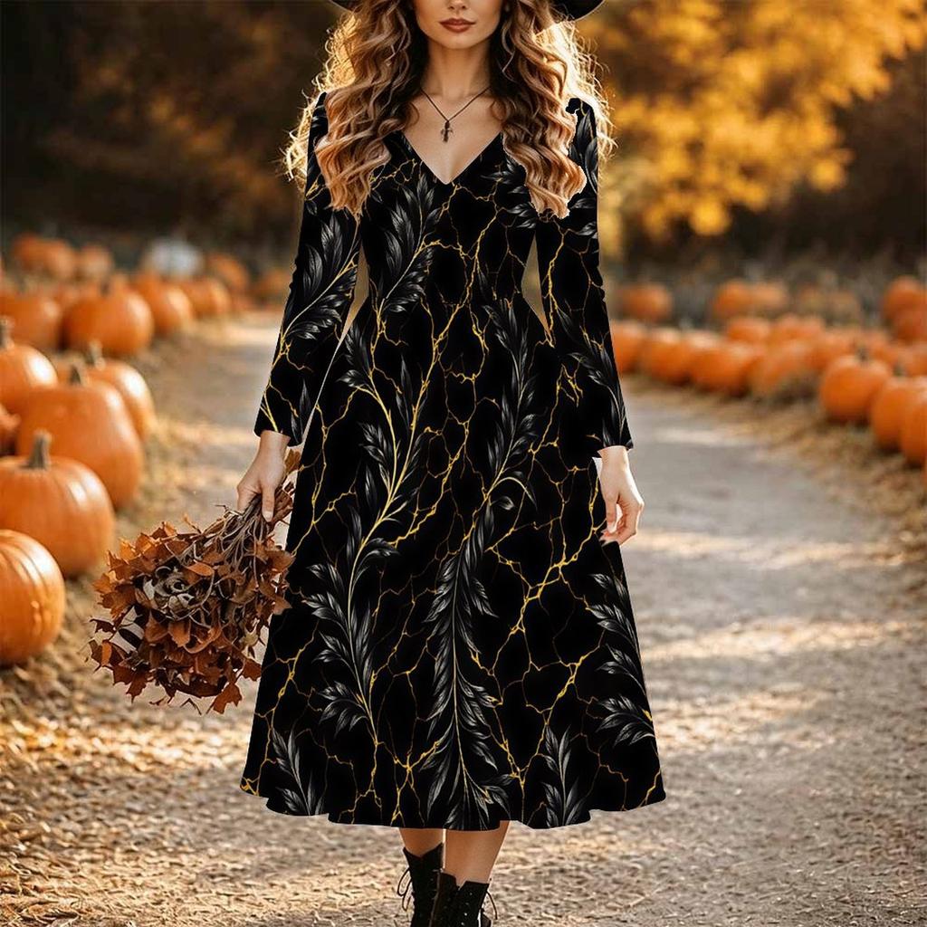 Halloween Women's Red Rose Print Midi Dress A Line Dress Vacation Casual Daily Regular Fit Long Sleeve V Neck Black Spring Fall