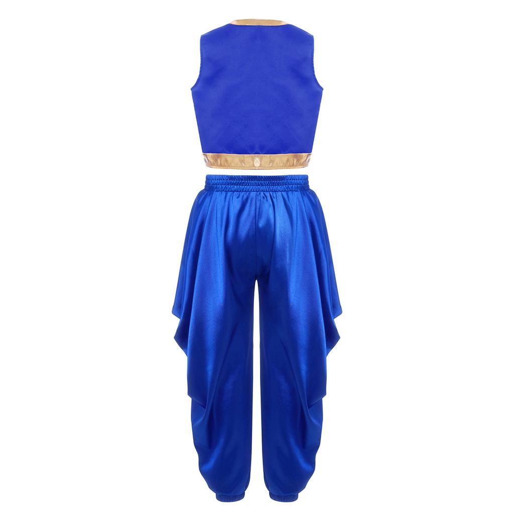 Dětský arabský cosplay kostým Sada Volná vesta Saténové dhoti kalhoty Elastický pas Široké kalhoty Halloweenský převlek