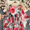 Summer Flower Series Elegant Print Fairy New Seaside Holiday Bell Sleeve Flowy Chiffon Dress