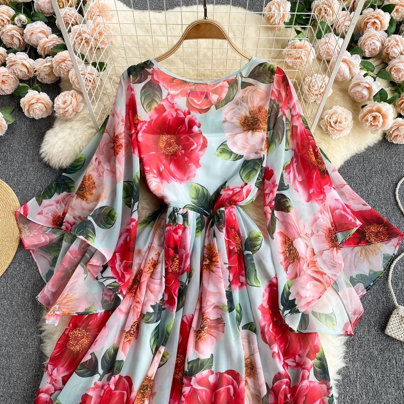 Summer Flower Series Elegant Print Fairy New Seaside Holiday Bell Sleeve Flowy Chiffon Dress