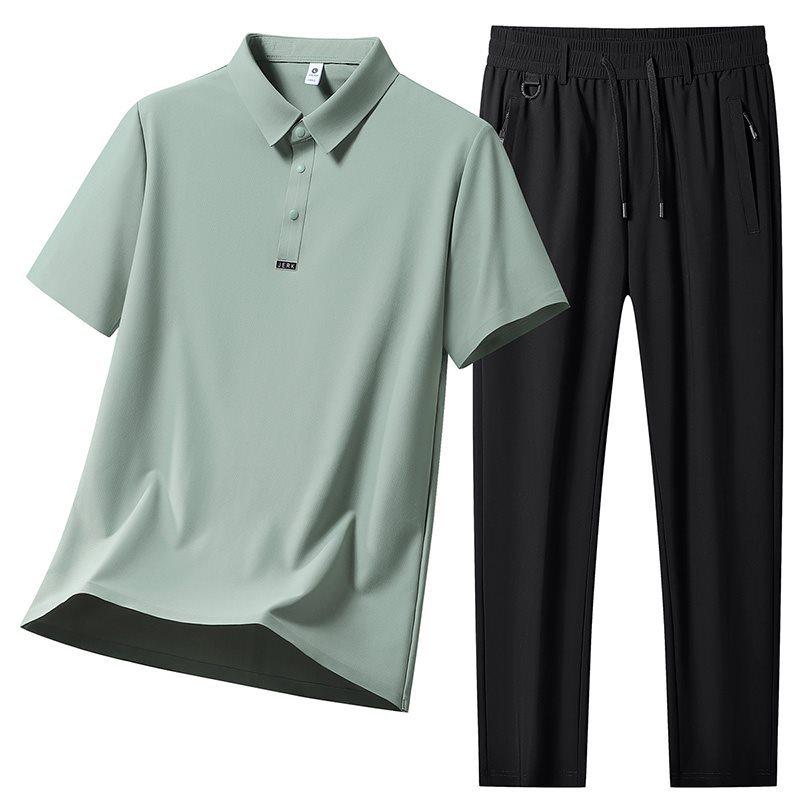 Men's Polo Short Sleeve & Long Pants Set: Summer Breathable, Elastic, Cool Touch Casual Sportswear.
