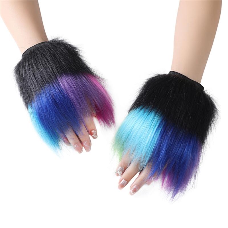 Fingerless Rainbow Fleece Gloves For Winter Soft Plush Warmth Unisex Design Colorful Bear Cosplay