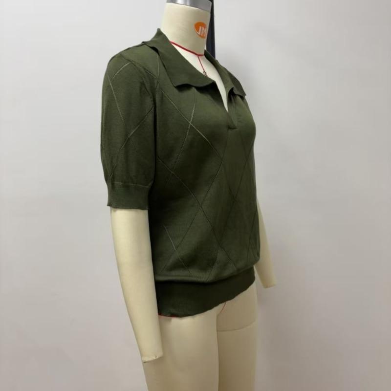 Women Summer Thin Knit Polo Collar Short Sleeve Slim Commute Top