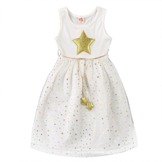 

Платье без рукавов с золотым принтом звезд, мягкий пуловер для девочек, сетчатое платье для отпуска 130cm белый