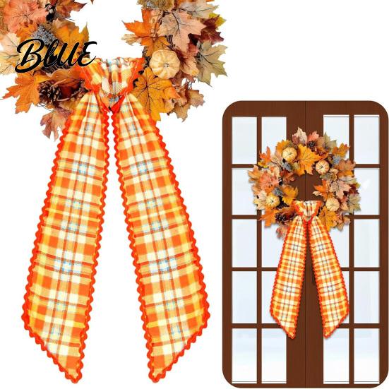 Festival Ribbon Sash Fall Scalloped Wreath for Front Door 55 Inch Plaid Gingham Autumn Thanksgiving Harvest Yard Porch Doorway Indoor Outdoor