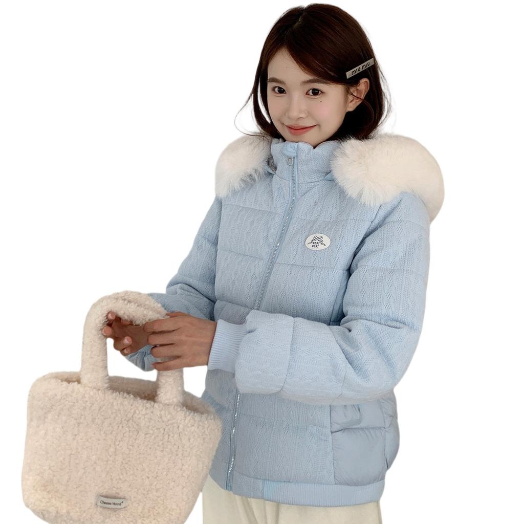 Short Jacquard Cotton Clothes Women's Hooded Big Fur Collar Design Winter Loose Warm Jacket Multi-colored Women's Clothing Spot