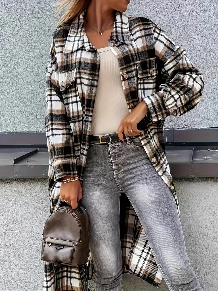 Stylish Plaid Print Womens Long Jacket - Relaxed Casual Button Front with Flap Pockets - Durable Outerwear for Everyday Fashion