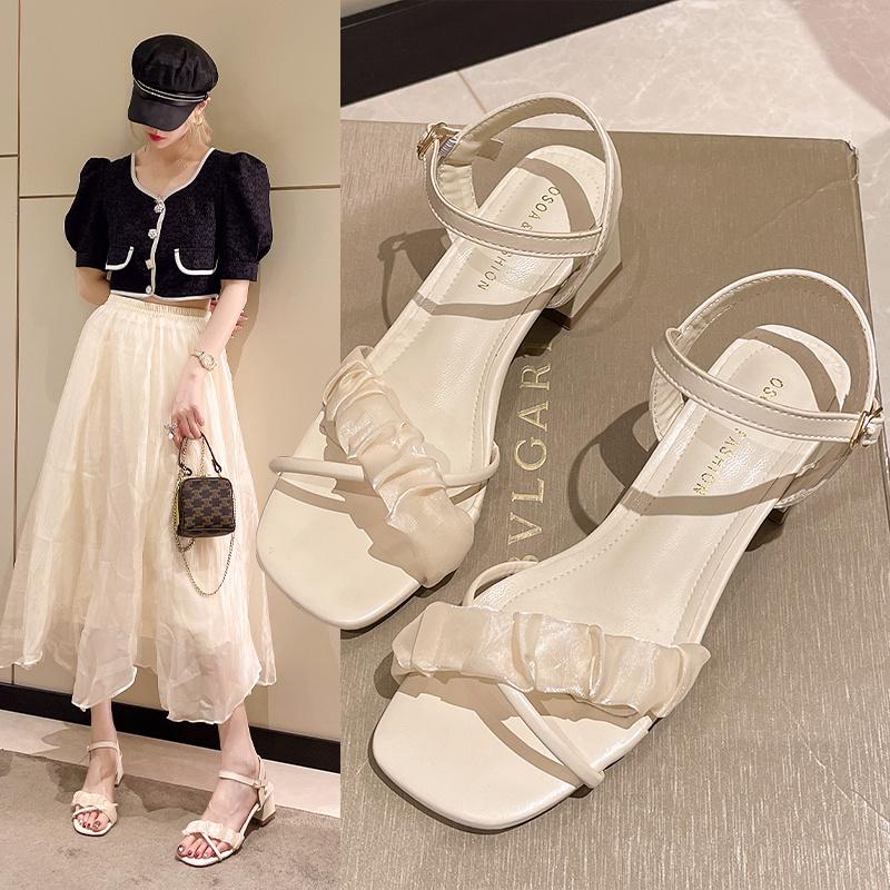 Summer Style Casual Simple Solid Color Square Toe Open Toe Buckle Strap Square Heel Medium Heel Fashion Sandals