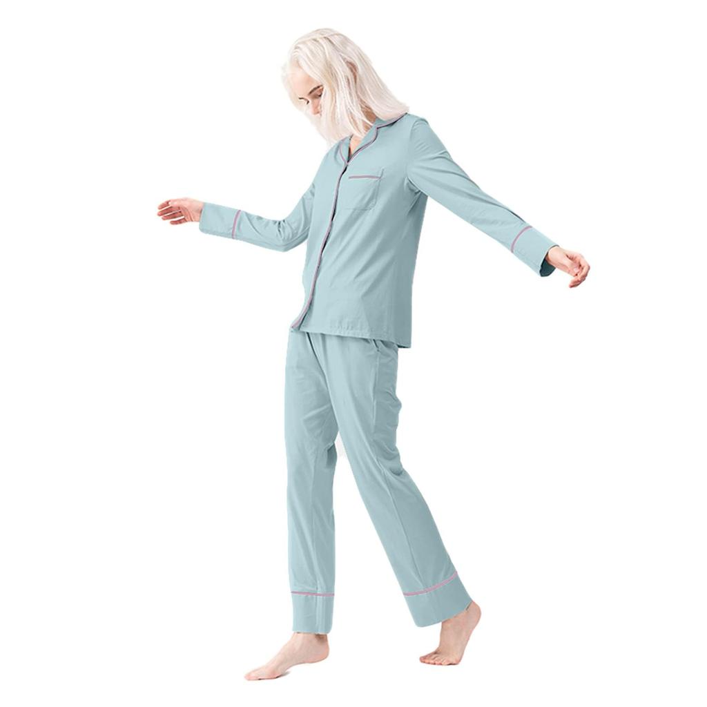 Rose Halcyon Pajama Breathable Long Solid Cute for and Winter Size Loungewear, Two-Piece Set, Open-Front, Comfortable, Cotton, Sleeves, Pants, Green,