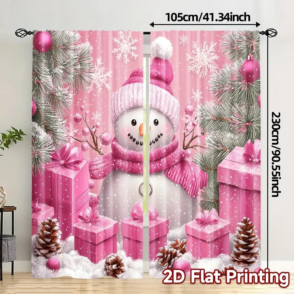 Set Of 2 Jit Pink Cartoon Snowman Curtains Christmas Window Decor Polyester Home Curtain With Rod Pocket