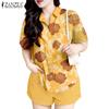 ZANZEA Women Short Sleeve Print Blouse and Shorts Summer Two Piece Suit Sets
