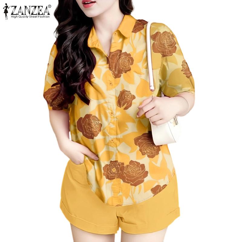 ZANZEA Women Short Sleeve Print Blouse and Shorts Summer Two Piece Suit Sets