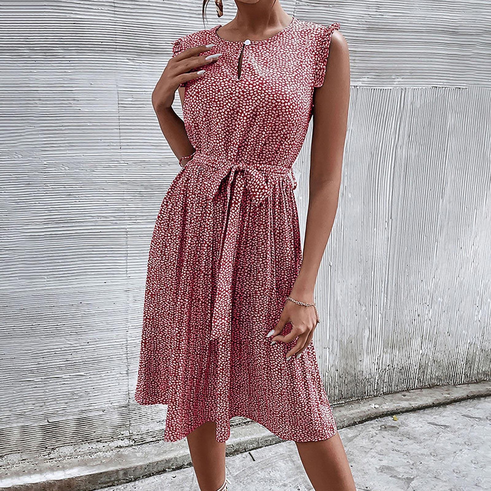 

Жіноча повсякденна щоденна плісирована сукня без рукавів із квітковим вирізом і високою талією XL гарячі рожевого кольору