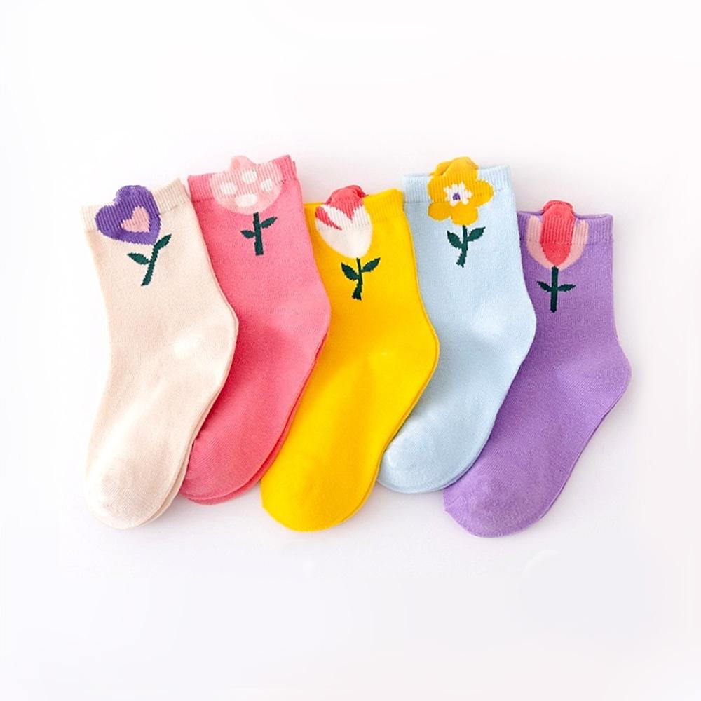 

5 Pairs Girls Socks Cute Cartoon Flower Pattern Comfortable Breathable Kids Socks M 3-5Y 14-16cm